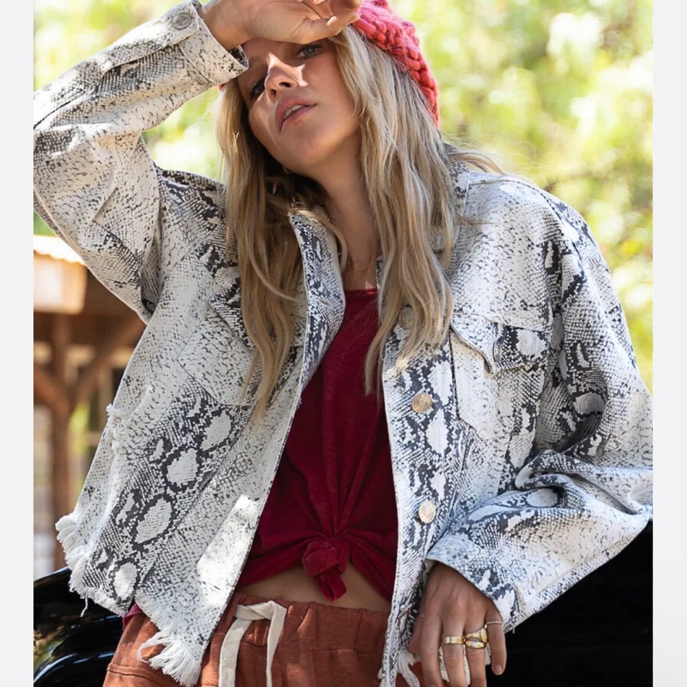 Pol Snake Python Print Denim Jean Jacket Distress… - image 1